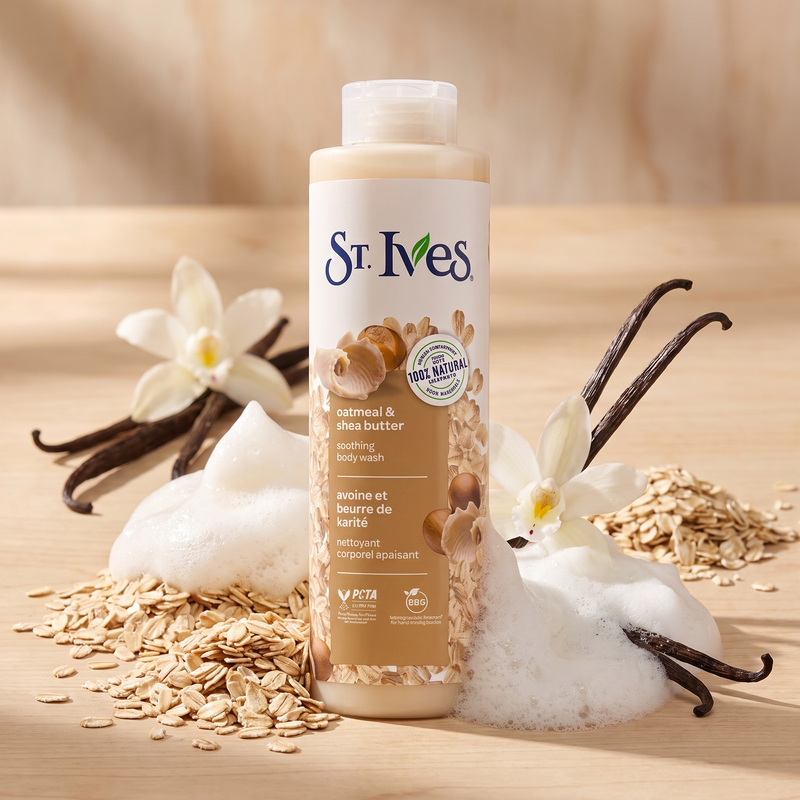 St Ives Vanilla and Oatmeal Body Wash with oats, vanilla and lather