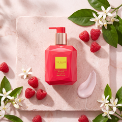 Ted Baker Raspberry and Orange Blossom Body Lotion with raspberry, orange blossom and lotion texture