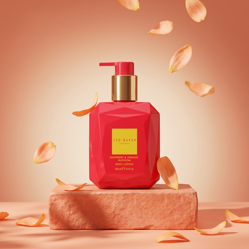 Ted Baker Raspberry and Orange Blossom Body Lotion with orange blossom petals