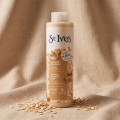 St Ives Vanilla and Oatmeal Body Wash on linen with oats