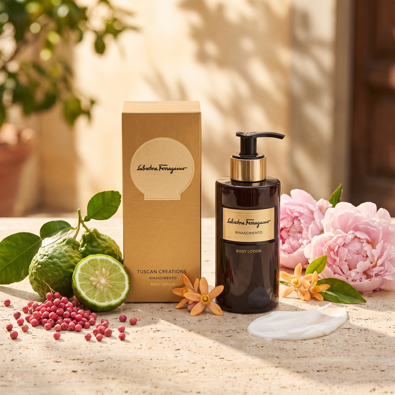 Salvatore Ferragamo Rinascimento Body Lotion with bergamot, peony and lotion texture