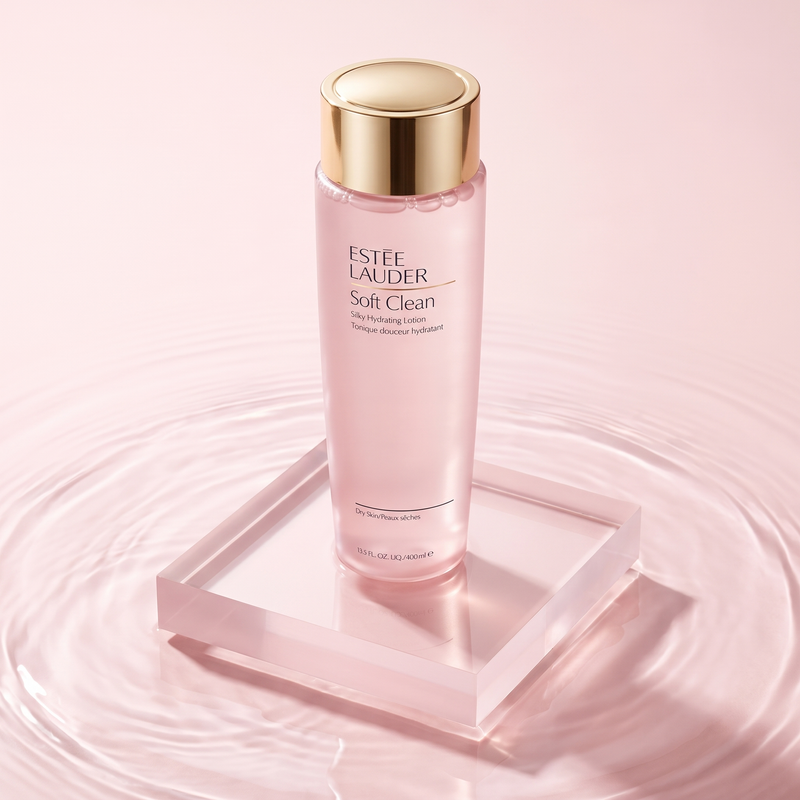 Estee Lauder Soft Clean Silky Hydrating Lotion on a water ripple