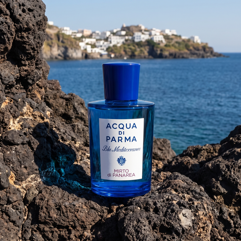 Acqua di Parma Blu Mediterraneo Mirto di Panarea on Panarea volcanic rock