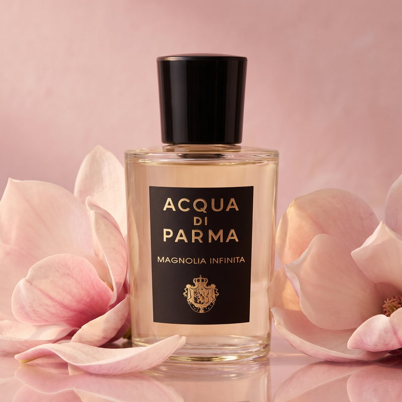 Acqua di Parma Magnolia Infinita among magnolia petals