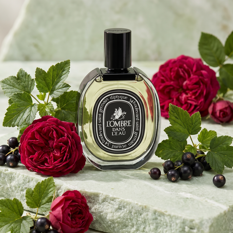 Diptyque L'Ombre dans l'Eau with blackcurrant leaf and rose