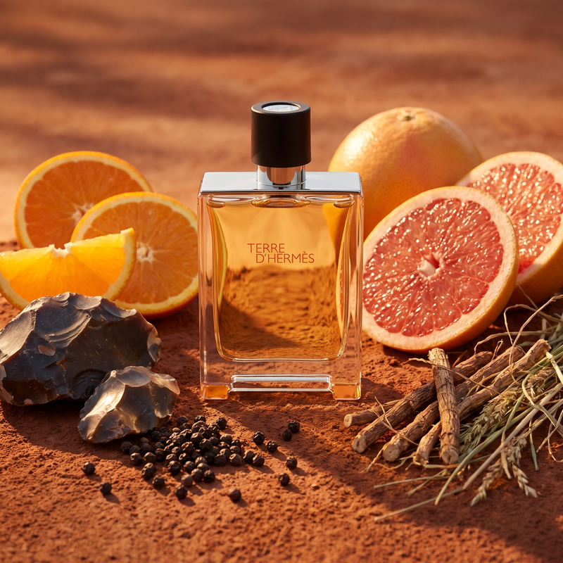 Hermes Terre d'Hermes with orange, grapefruit, flint and vetiver