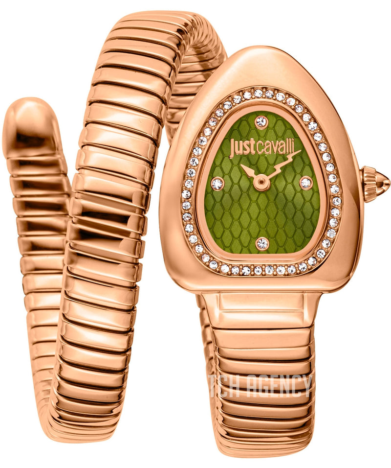 Just Cavalli Signature Snake JC1L249M0045 rose gold coil watch olive green dial