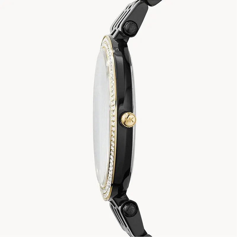 Michael Kors Darci black dial and gold crystal bezel detail