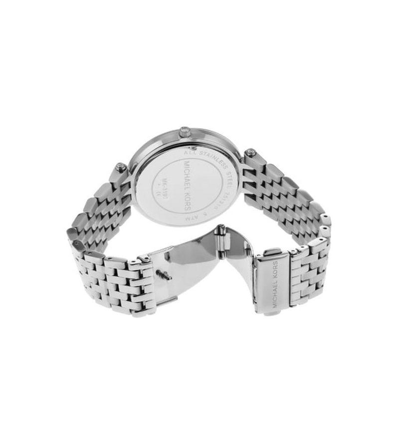 Michael Kors Darci silver dial and crystal bezel detail
