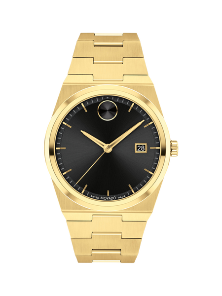 Movado Bold Quest 40mm gold-tone watch with black sunray dial