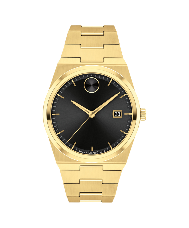 Movado Bold Quest 40mm gold-tone watch with black sunray dial