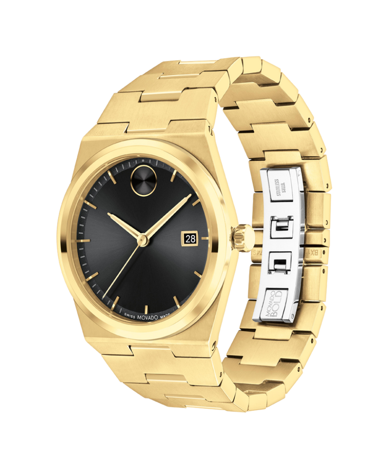 Movado Bold Quest gold-tone integrated bracelet detail