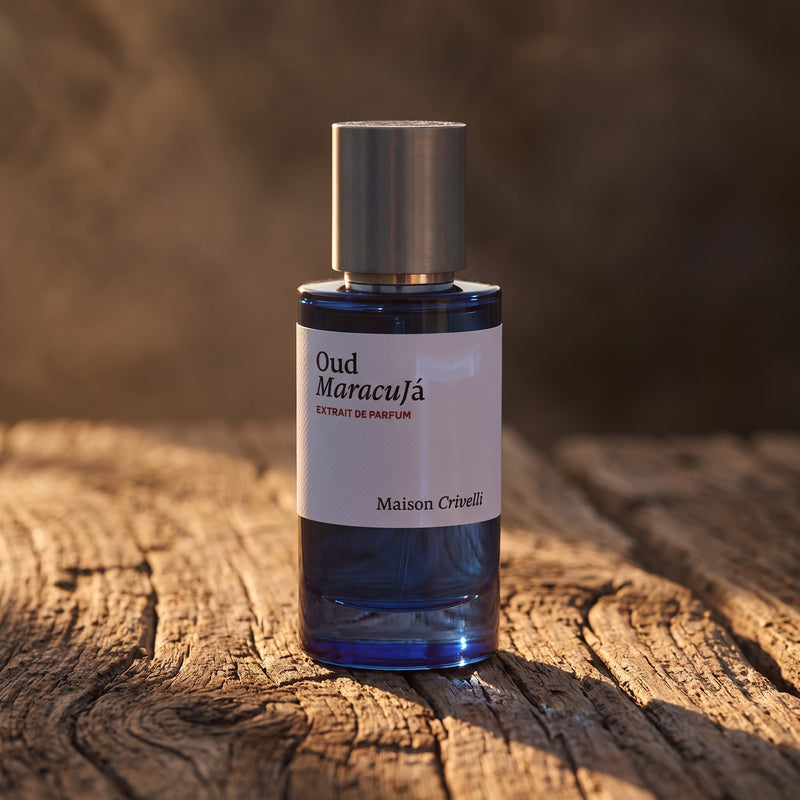 Maison Crivelli Oud Maracuja 50ml bottle on weathered cedar wood in warm light