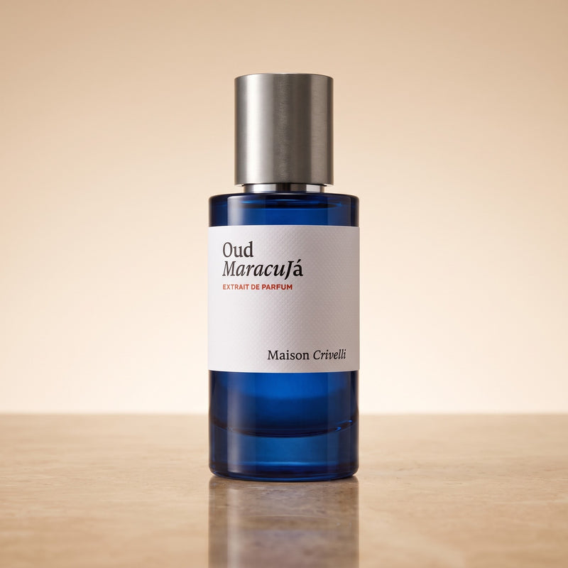 Maison Crivelli Oud Maracuja Extrait de Parfum 50ml bottle on a warm sand-toned surface