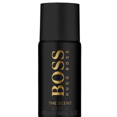 Black deodorant spray bottle with gold text