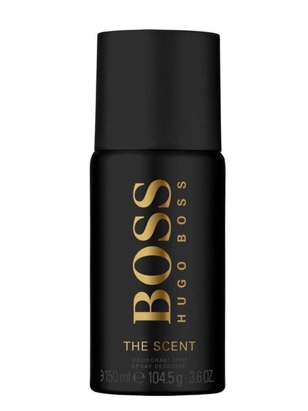 Black deodorant spray bottle with gold text