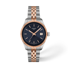 Tissot Ballade 34mm rose gold watch with navy blue guilloche dial