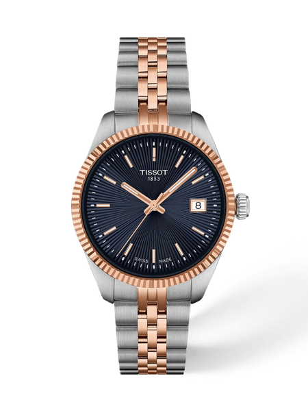Tissot Ballade 34mm rose gold watch with navy blue guilloche dial