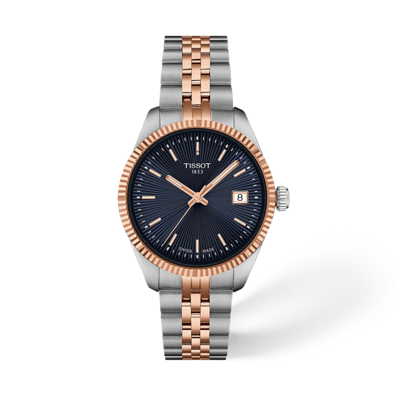 Tissot Ballade 34mm rose gold watch with navy blue guilloche dial