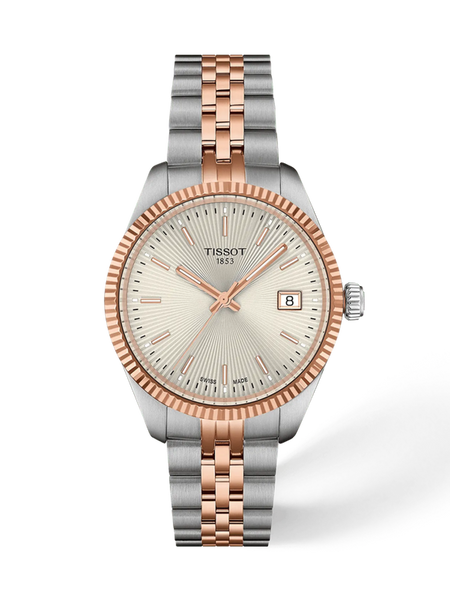Tissot Ballade 34mm two-tone rose gold watch with silver guilloche dial