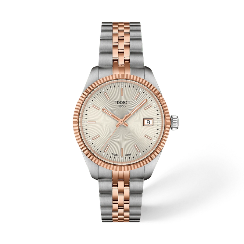 Tissot Ballade 34mm two-tone rose gold watch with silver guilloche dial