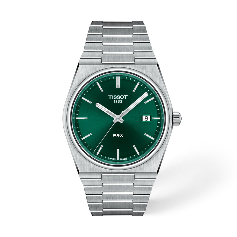 Tissot PRX T137.410.11.091.00 green sunburst dial quartz watch with integrated bracelet
