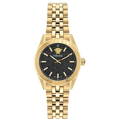 Versace V-Code Lady 36mm gold watch with black Greca guilloche dial