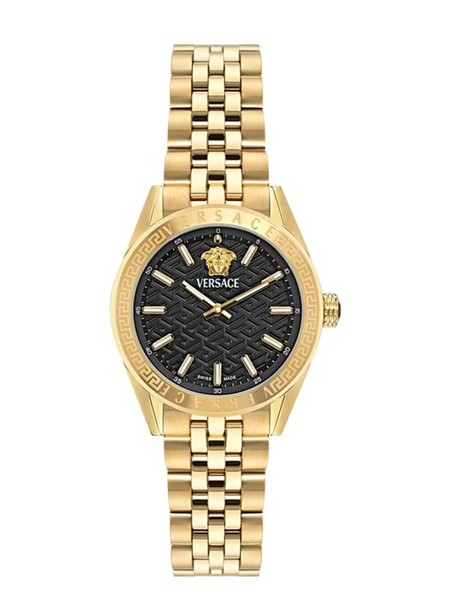 Versace V-Code Lady 36mm gold watch with black Greca guilloche dial