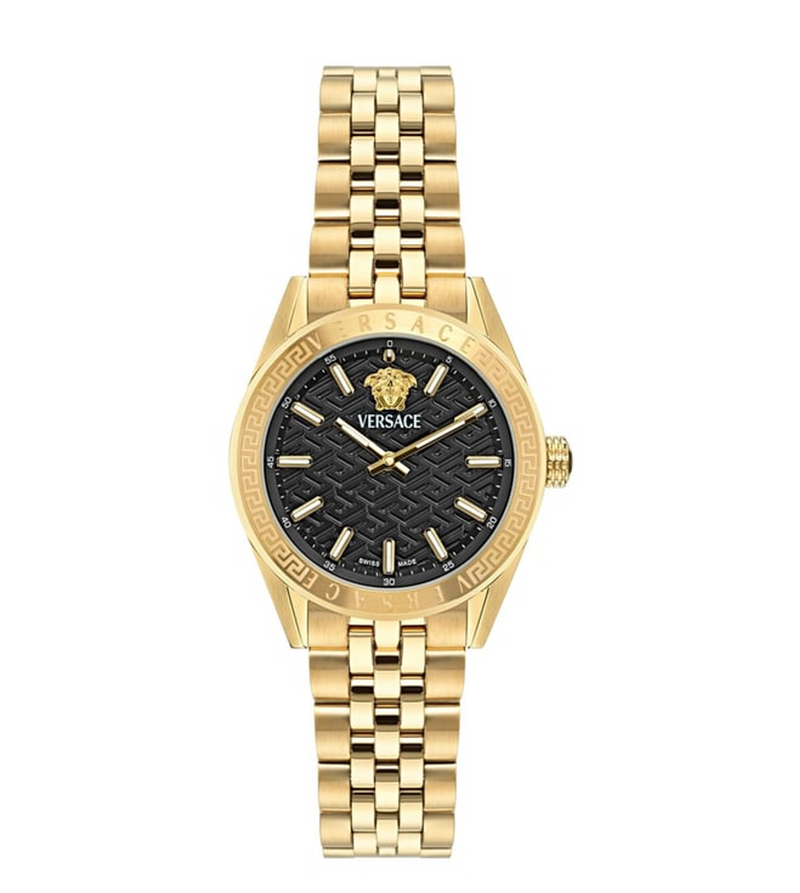 Versace V-Code Lady 36mm gold watch with black Greca guilloche dial